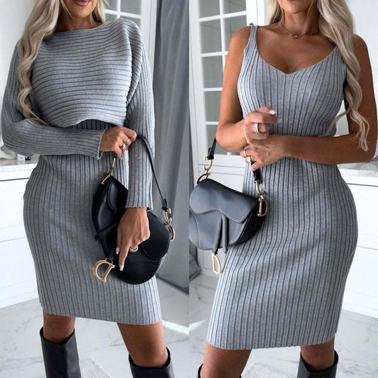 2-Piece Ribbed Knit Bodycon Dress Set – Various Colours
