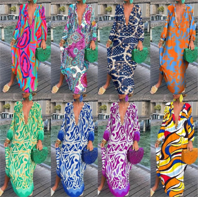 Women’s Boho Print Kaftan Maxi Dress – Flowy Beach Cover Up & Summer Dress | Various Designs