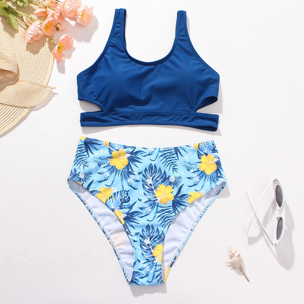 Women’s High Waist Bikini Set – Sporty Top & Tropical Print Bottoms