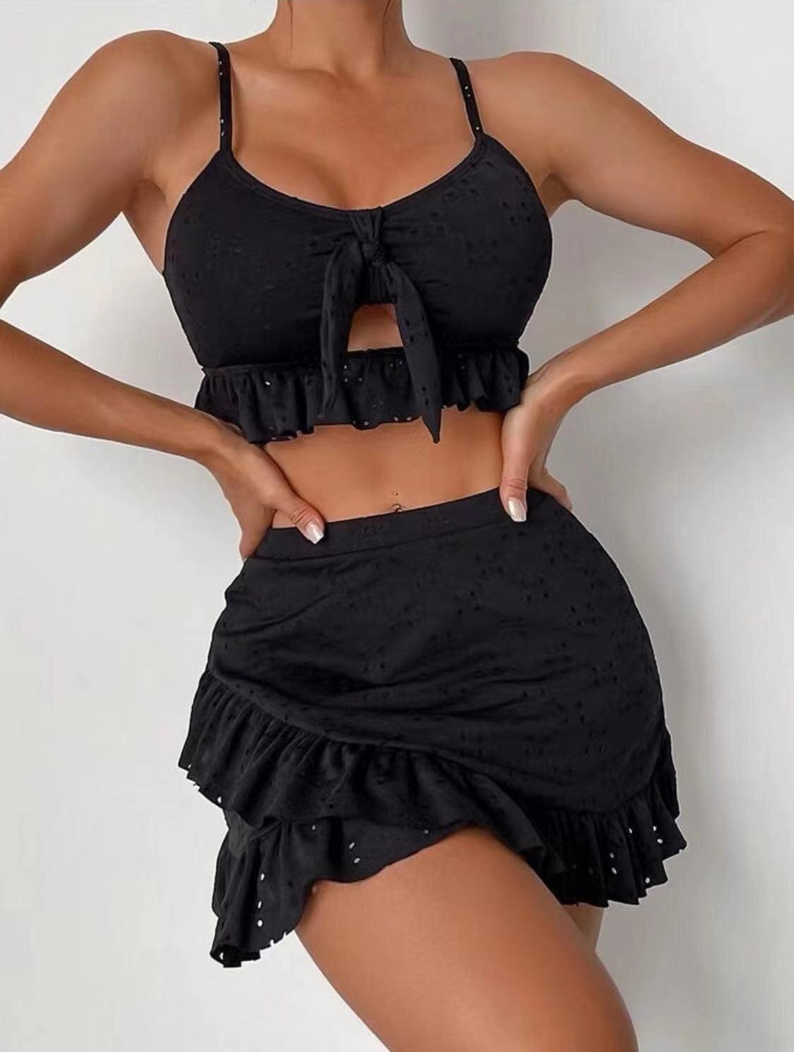 Women’s 3-Piece Summer Co-ord Set – Tie Front Crop Top, Ruffle Skirt & Cover-Up | Various Colours