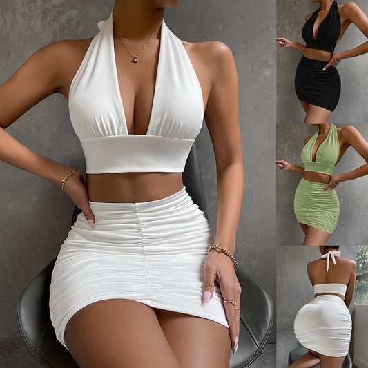 Sexy Halter Neck 2 Piece Mini Skirt Set – Ruched Bodycon Crop Top & Skirt Co-ord Outfit – Summer Party Set – Various Colours