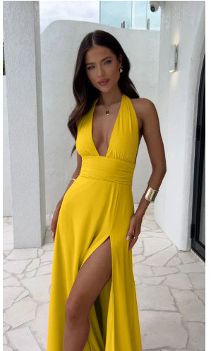 Stunning Deep V Halter Neck Maxi Dress – Elegant High Slit Backless Evening Dress – Timeless Party Look – Various Colours