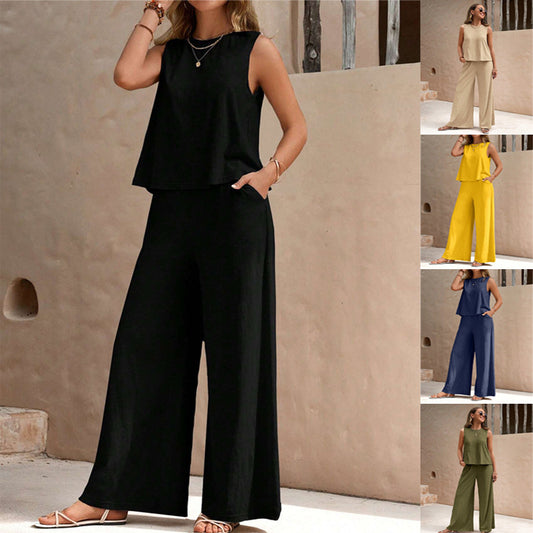✨ 2 Piece Wide-Leg Pants & Sleeveless Top Set – Casual Summer Co-ord Outfit – Various Colours 🌞