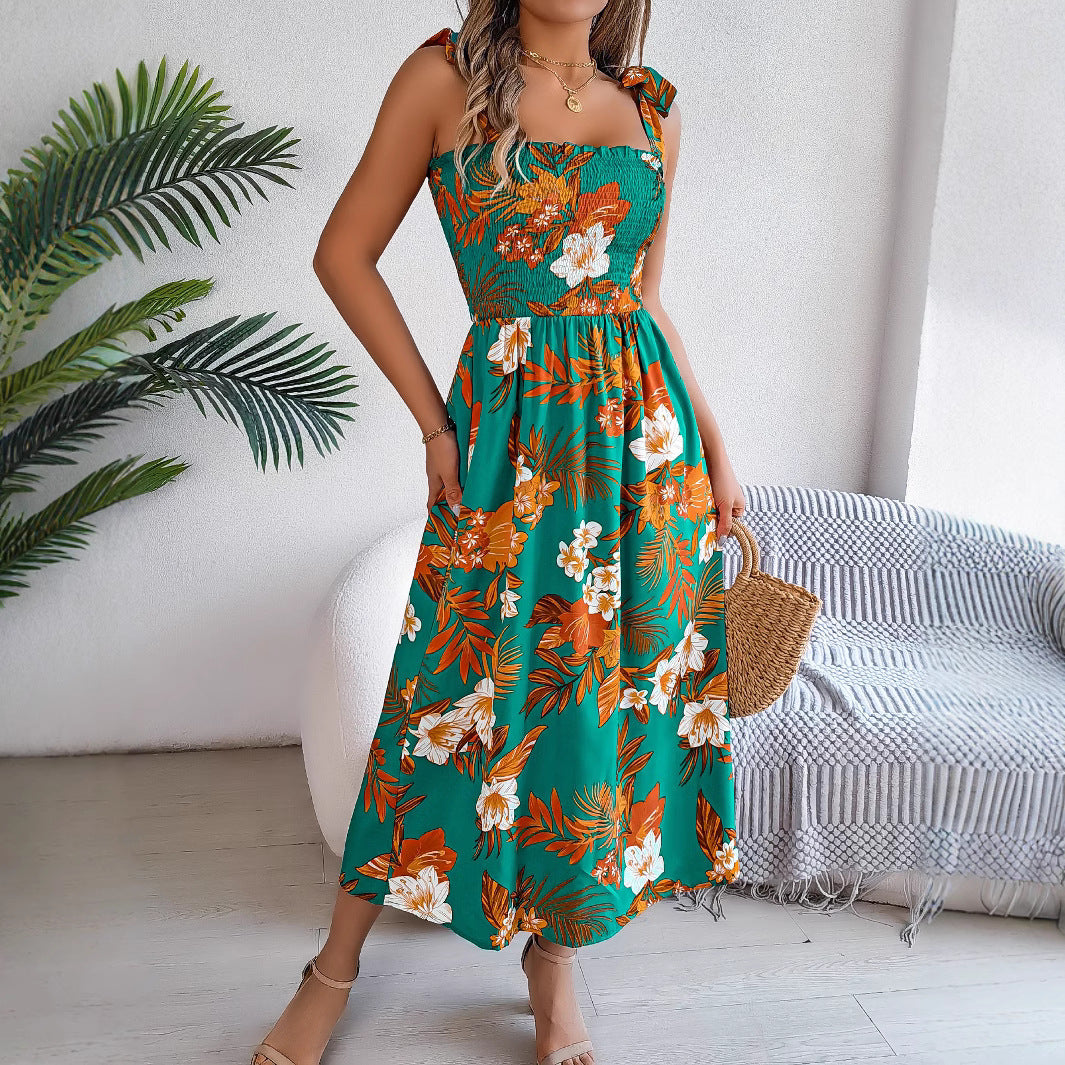 Floral Smocked Midi Sundress with Tie Straps – Tropical Summer Dress in Various Colours