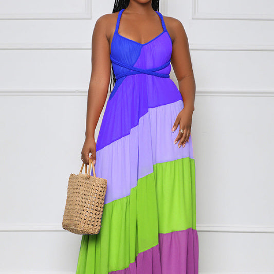 🌈 TrendPrints Colour Block Maxi Dress – Bold Multi-Tone Halter Neck Summer Dress – Available in Various Colours