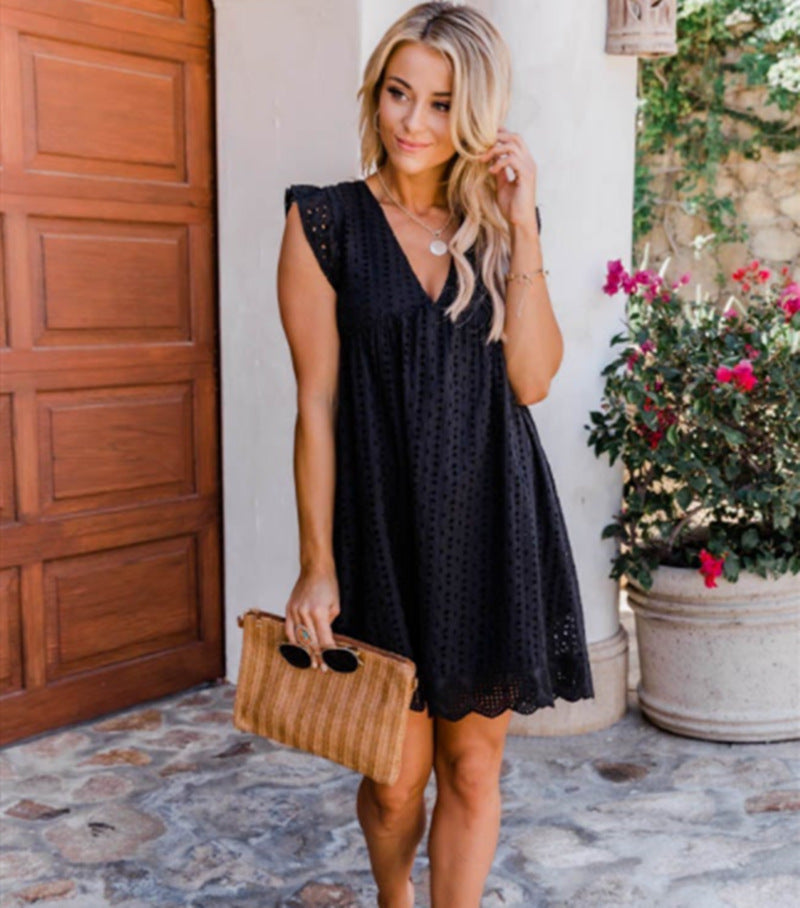 Elegant Eyelet Lace V-Neck Summer Dress – Lightweight, Flowy, and Available in Various Colours