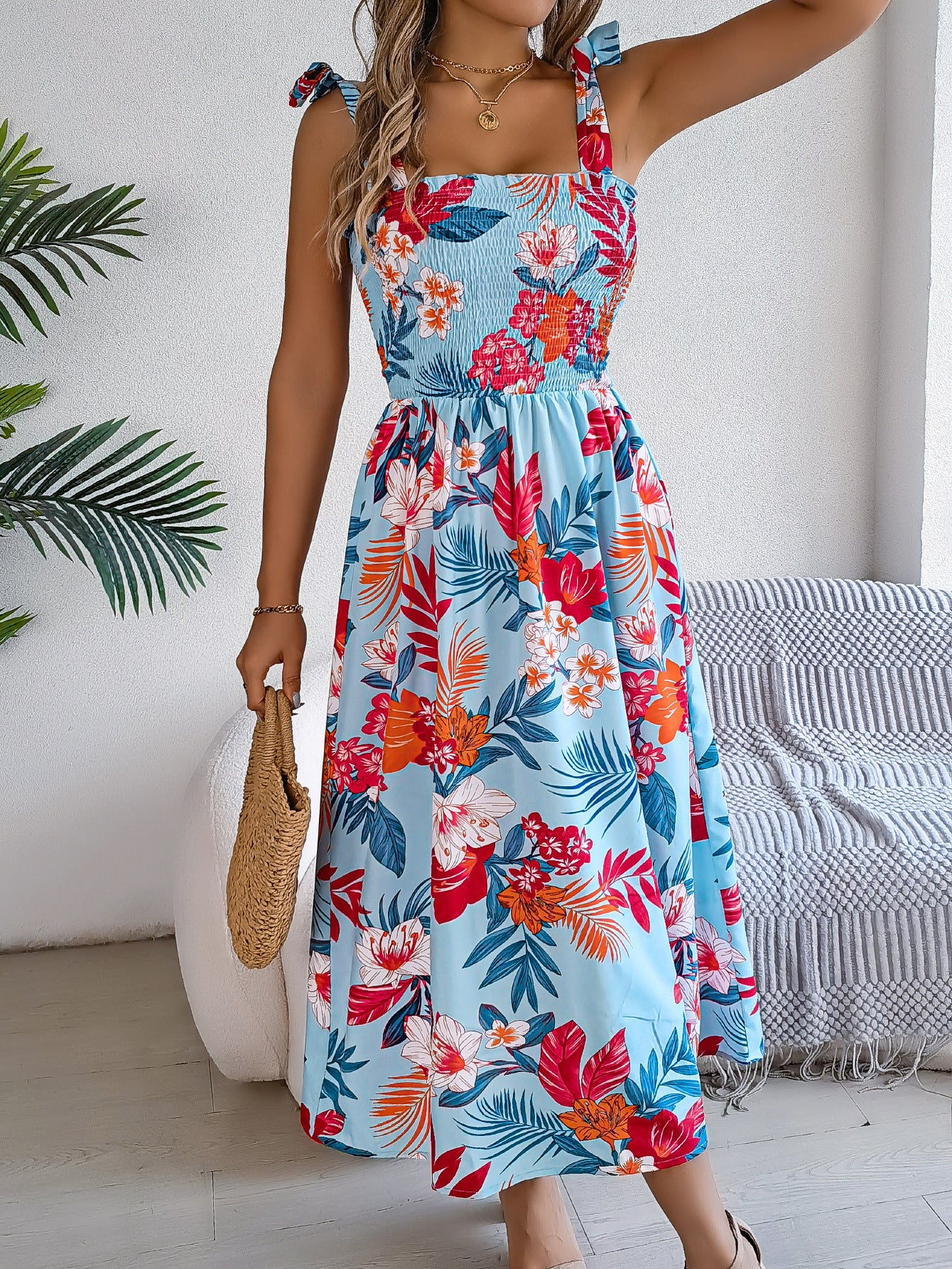 Floral Smocked Midi Sundress with Tie Straps – Tropical Summer Dress in Various Colours
