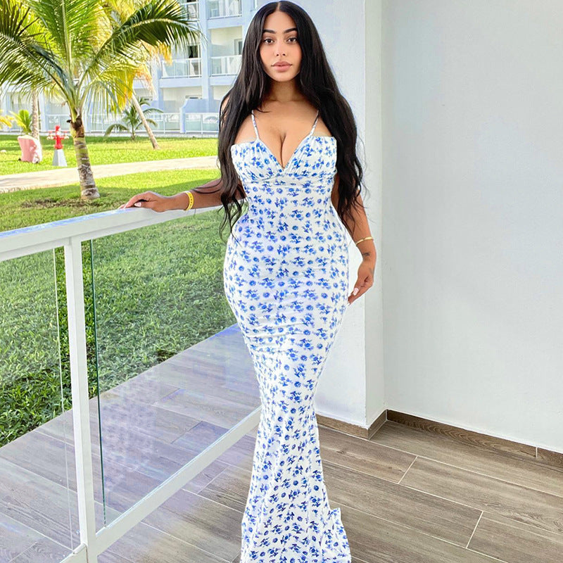 Floral Print Bodycon Maxi Dress – Spaghetti Straps – Elegant Summer Party Dress – Various Colours