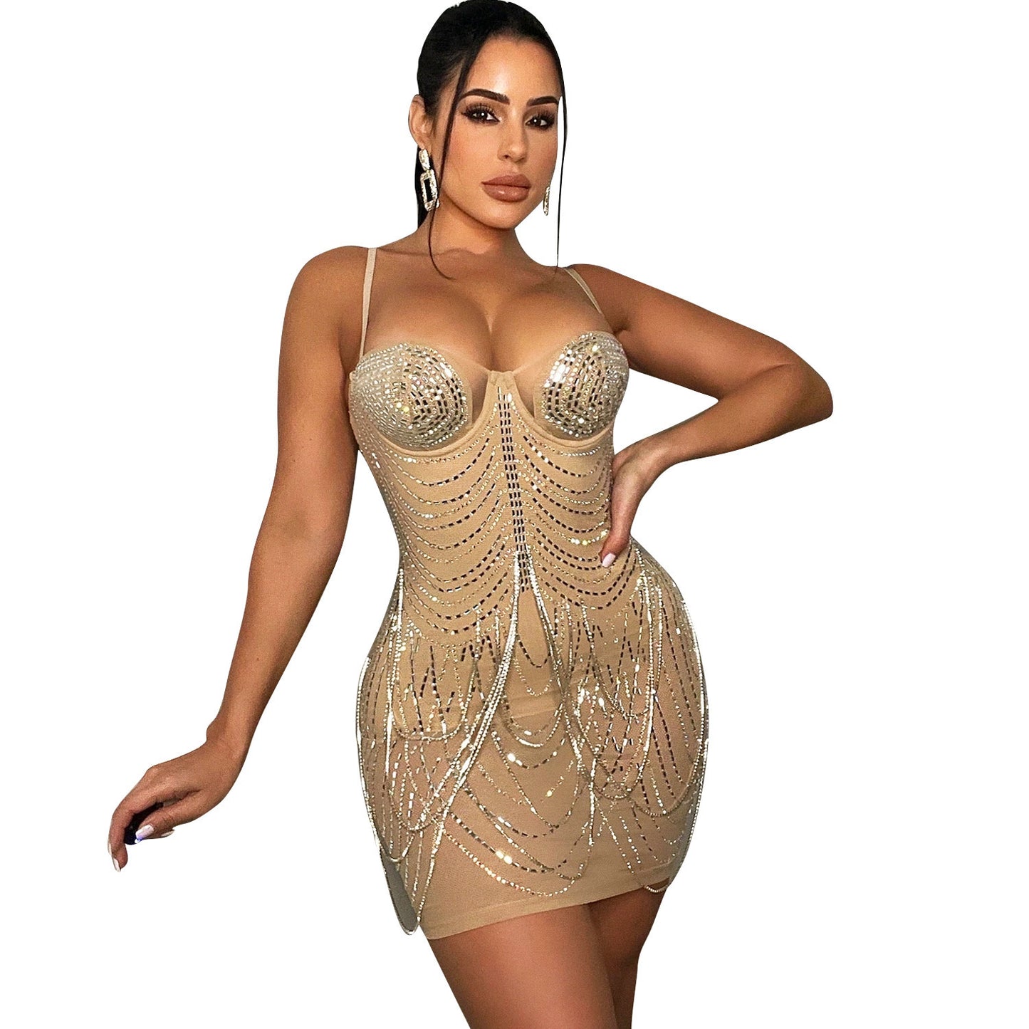 Crystal Rhinestone Mesh Corset Mini Dress – Nude | Bodycon Sparkle Party Dress with Cups
