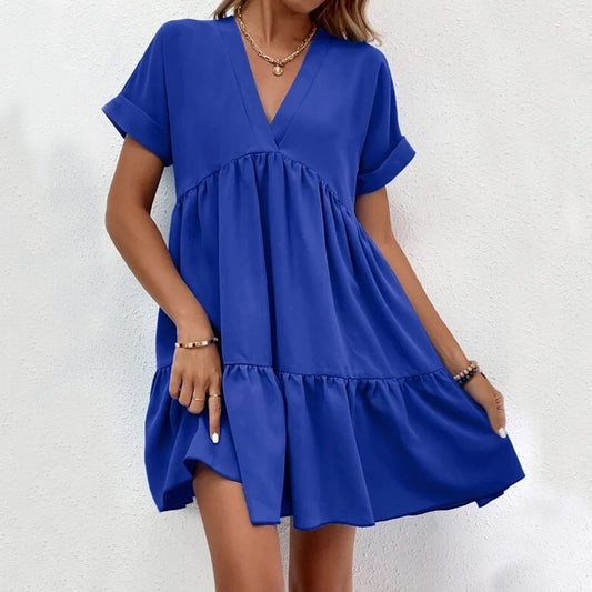 ✨ Women's V-Neck Tiered Mini Dress - Casual Loose Short Sleeve Summer Dress - Available in Various Colours