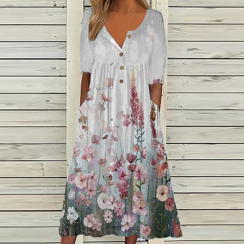 Casual Button-Front Floral Midi Dress – Relaxed Fit with Pockets in Various Designs