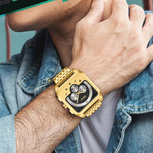 Men’s Luxury Square Dial Quartz Watch – Gold Stainless Steel Chronograph Wristwatch | Bold Modern Design