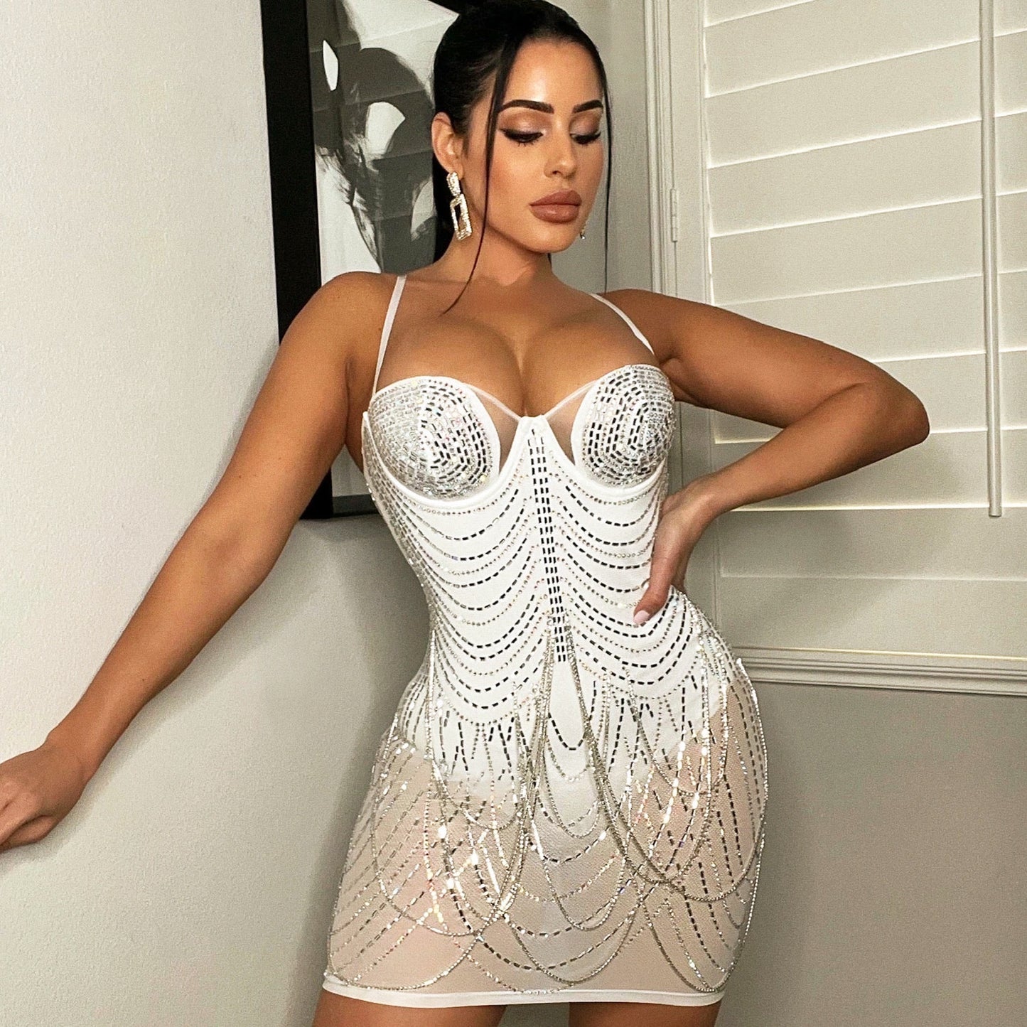 Crystal Rhinestone Mesh Corset Mini Dress – Nude | Bodycon Sparkle Party Dress with Cups