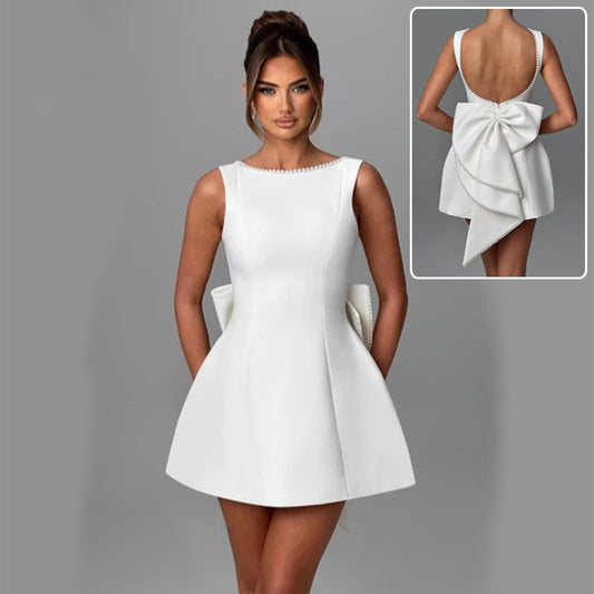 Luxury Bow-Back Mini Dress with Pearl Detailing – Available in Various Colours