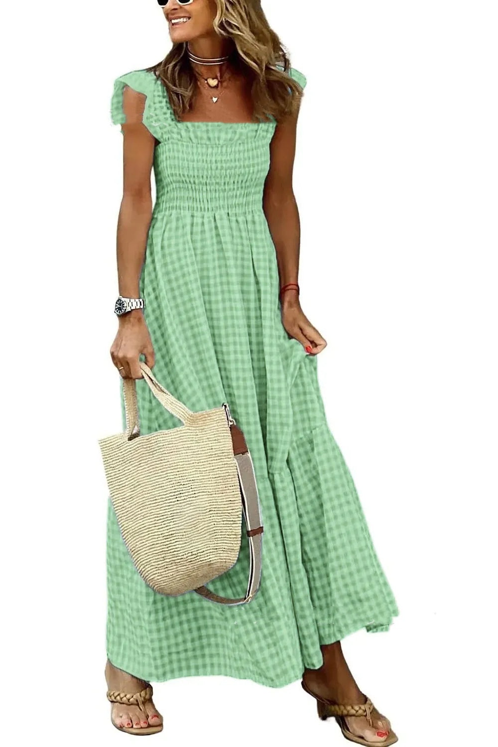 Gingham Shirred Maxi Dress with Ruffle Sleeves – Lightweight Summer Style in Various Colours