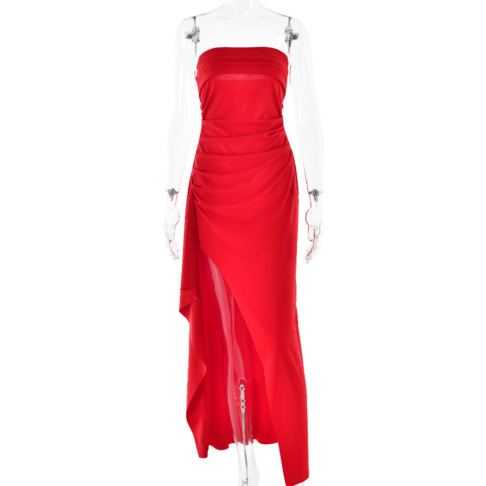 Elegant Strapless Ruched Evening Maxi Dress – High Slit Formal Gown – Occasion Dress – Various Colours