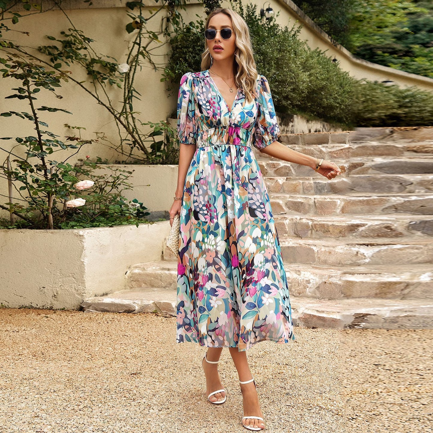 Elegant Puff Sleeve Floral Midi Dress – Available in Various Colours