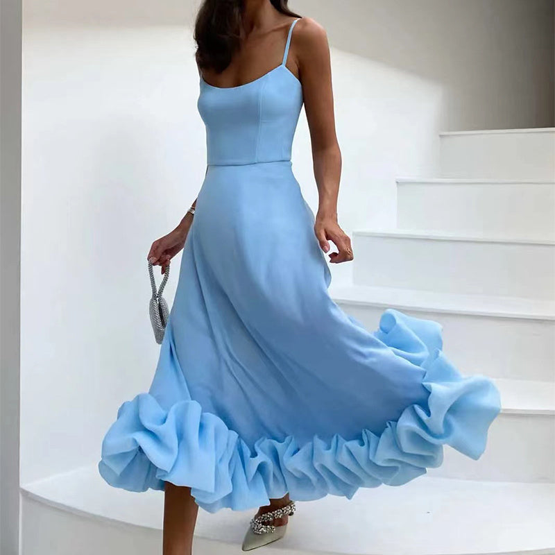 Elegant Ruffle Hem Midi Dress with Spaghetti Straps – Various Colours