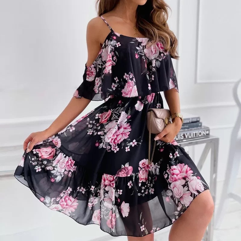 Off Shoulder Floral Summer Dress – Flowy Beach Holiday Dress – Various Colours