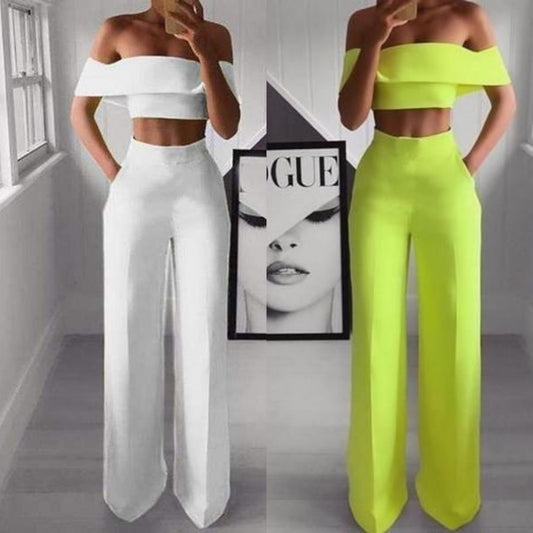 🔥 Off-Shoulder Two Piece Trouser Set for Women – High Waisted Wide Leg Co-Ord (Various Colours)